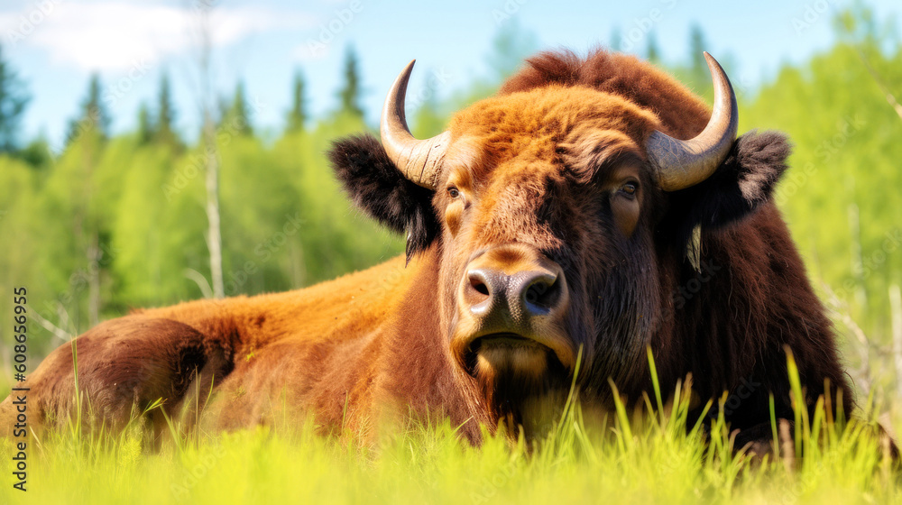Mighty bison, edge of lush forest, bathed in light from a soft blue summer sky, exudes a serene, quiet power. Generative AI Mighty bison, edge of lush forest, bathed in light from a soft blue summer sky, exudes a serene, quiet power. Generative AI