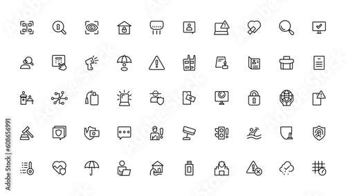 Security line icons set. Cyber lock, unlock, password. Guard, shield, home security system icons. Eye access, electronic check, firewall. Internet protection, laptop password.Outline icon.
