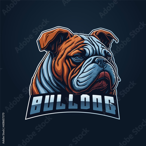 Bulldog mascot brand logo. Detailed vintage gaming esport dog logo. Modern snd fresh look design.