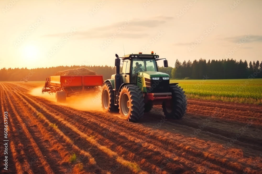 Tractor cultivating field at spring, plowing or harrowing soil. Generative AI Tractor cultivating field at spring, plowing or harrowing soil. Generative AI