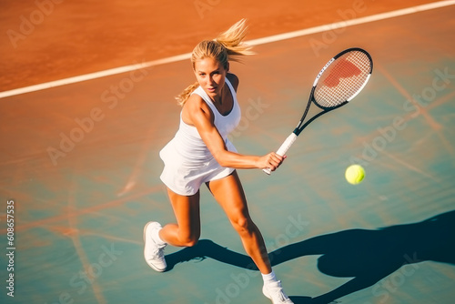 Young woman playing tennis. High angle view. Forehand volley. Generative ai © MVProductions