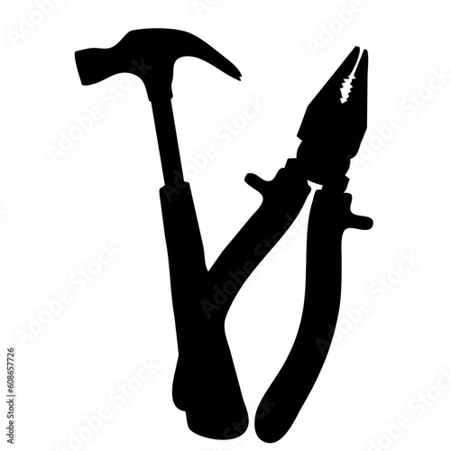 a hammer and a pliers black silhouette