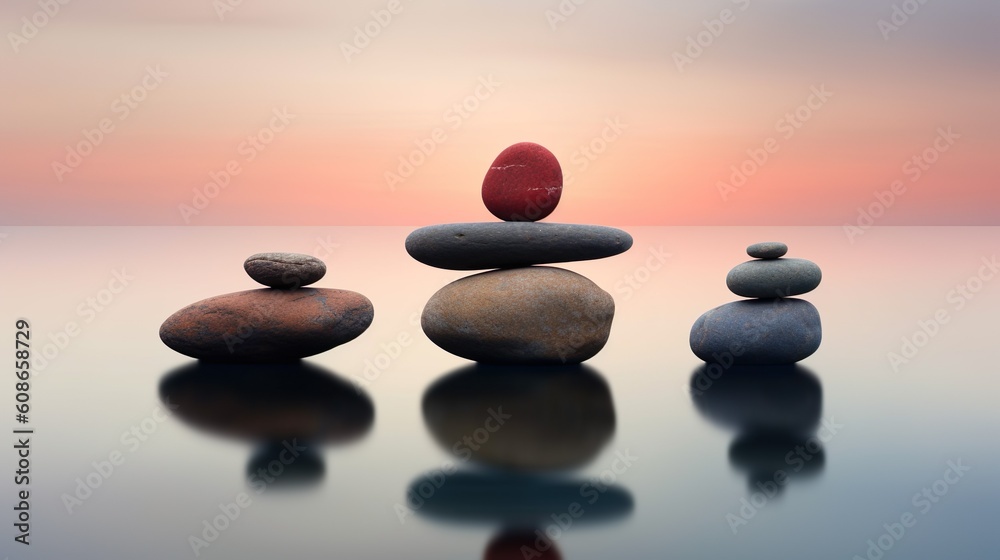 Balanced zen stones on top of still water made with AI generative technology