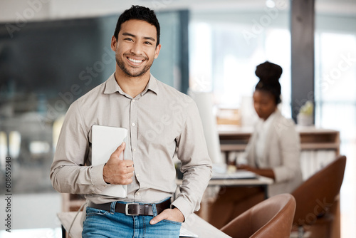 Happy, tablet and portrait of business man in office for professional, digital and pride. Communication app, website and technology with male employee for management, mission and internet in startup