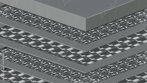 Quantum processor close up view concept with quantum qubits circuit boards in layers, wiring, cover, 3D rendering, an exploded view, on black