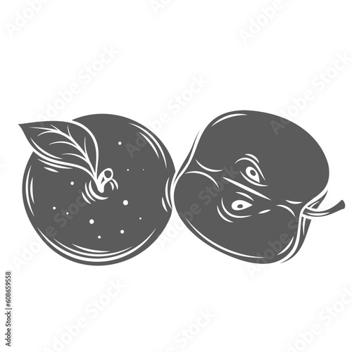 Two apples glyph icon vector illustration. Stamp of whole fresh fruit with leaf and round half of fruit with core, seeds and stem, halved sweet apple for eating, ingredient for cooking healthy dish