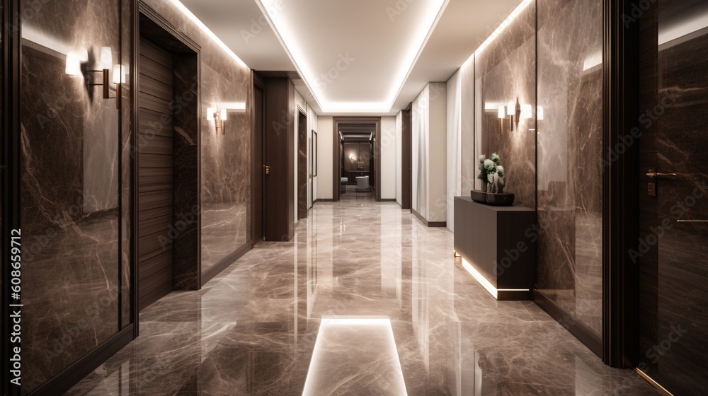 Fototapeta premium Interior of a luxury modern hotel corridor with marble emperador floor and glowing lights on molding. Created with generative AI