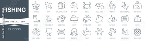 Fishing linear signed icon collection. Signed thin line icons collection. Set of fishing simple outline icons