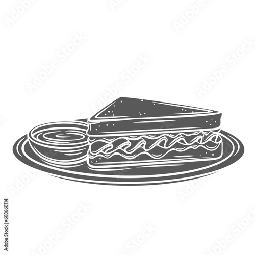 Monte Cristo sandwich glyph icon vector illustration. Stamp of hot deep fried ham and cheese sandwich, croque monsieur on plate with sauce cup, delicious snack of traditional American fast food