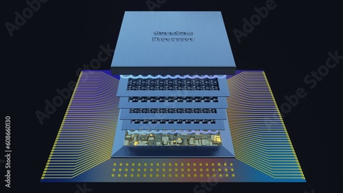 Quantum processor concept with quantum qubits circuit boards in layers, wiring, cover, 3D rendering, an exploded view, on black