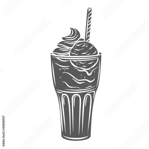 Root beer float in glass glyph icon vector illustration. Stamp of cup with straw, vanilla ice cream scoop and root beer, cold black or brown cow sweet American drink, summer beverage with beer