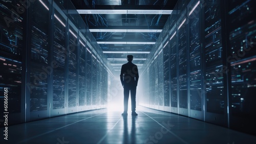 server room in data center full of telecommunication equipment, big data storage and cloud hosting technology ,Generative AI