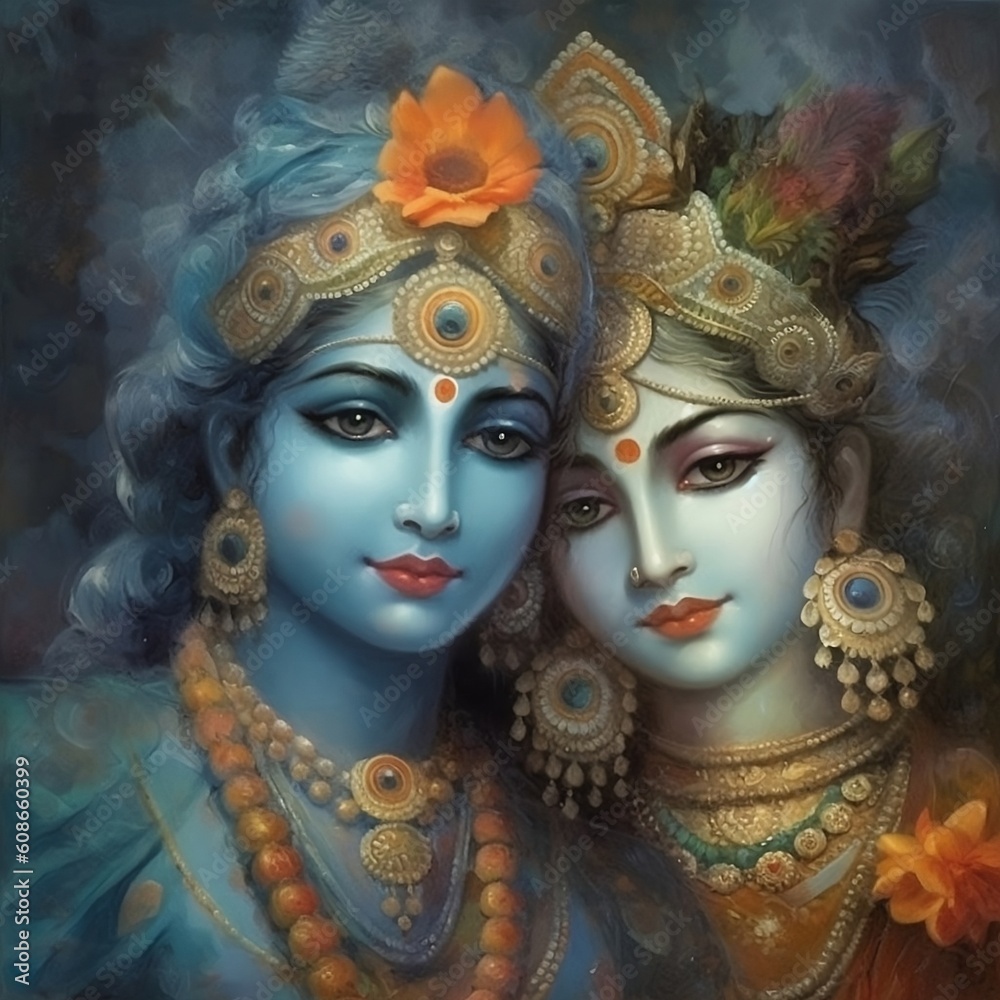 Lord Radha Krishna wall poster oil Painting generated using AI.