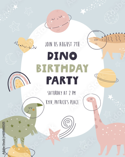 Birthday invitation template with cute cosmic dinosaurs