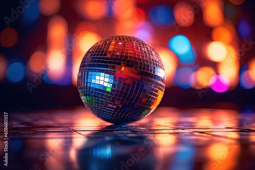 A dazzling disco ball suspended from the ceiling, casting shimmering reflections on the dance floor.