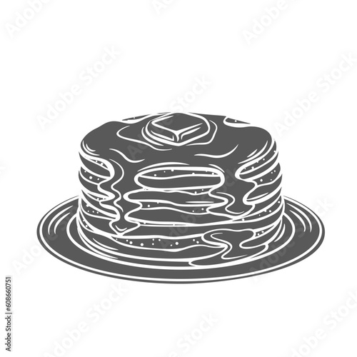 Pancakes pile glyph icon vector illustration. Stamp of plate with pancakes stack and maple syrup, honey or caramel sauce and piece of butter, morning restaurant or home menu of American cuisine