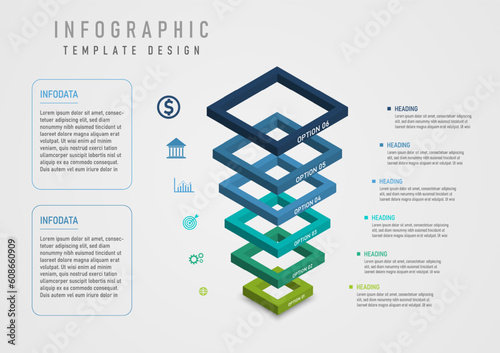3d options infographic template square perspective multi color vertical left icon right letter gray gradient background design for business, product, marketing, finance, project, investment