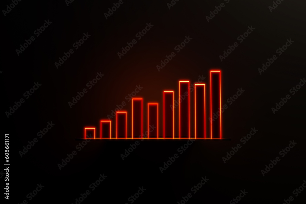 Bar graph moving up. Positive bar chart in orange. Business, financial figures, revenue, analyzing, growth, infographic, rising cash flow, financial report.
