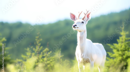 Under a bright summer sky, a rare albino deer stands in mallow grass, at the verdant forest's edge. Its majestic aura illuminates the serene landscape. Generative AI