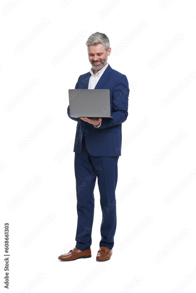 Mature businessman in stylish clothes with laptop on white background Mature businessman in stylish clothes with laptop on white background