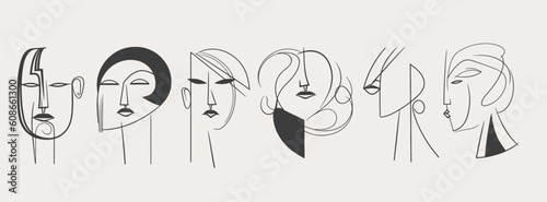 Big Set of Various Faces, abstract shapes. Ink painting style. Contemporary Hand drawn Vector illustrations. Continuous line, minimalistic elegant concept. All elements are isolated