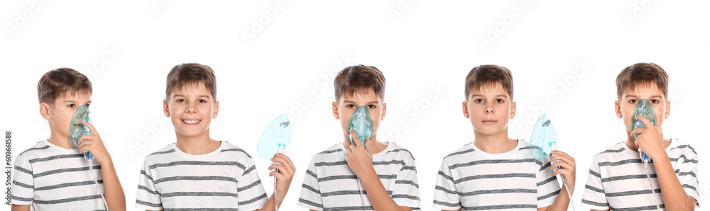 Inhalation therapy. Collage with photos of boy using nebulizer on white background Inhalation therapy. Collage with photos of boy using nebulizer on white background