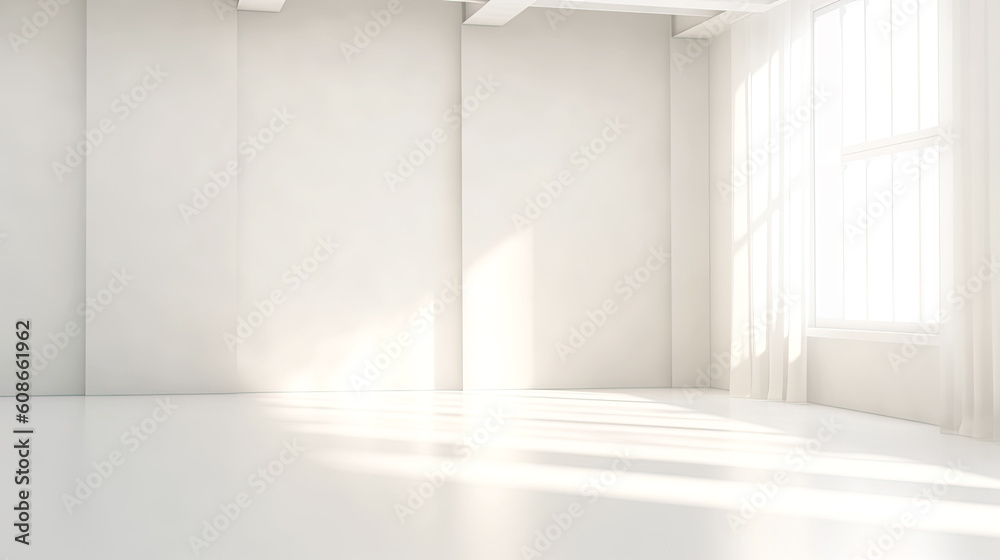 Minimalistic Sunny White Room with Blank Wall and Sunny Window with Curtains. AI generative. Bright Warm Tones, Mock Up.