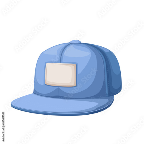 Baseball cap vector illustration. Cartoon isolated blue denim hat for men with button top and visor, decorative panel on front, cotton casual cap for sun protection of head and sports headwear