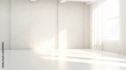 Minimalistic Sunny White Room with Blank Wall and Sunny Window with Curtains. AI generative. Bright Warm Tones  Mock Up.