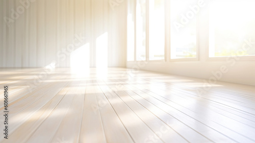 Minimalistic Sunny White Room with Wooden Floor and Sunny Window. AI generative. Bright Warm Tones, Mock Up.