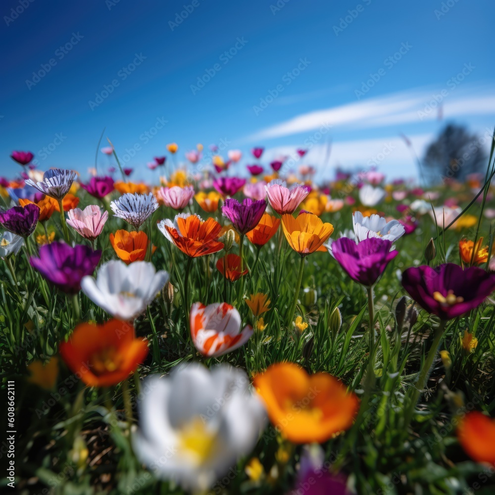 Colourful spring flowers at field over blue sky, created using generative ai technology