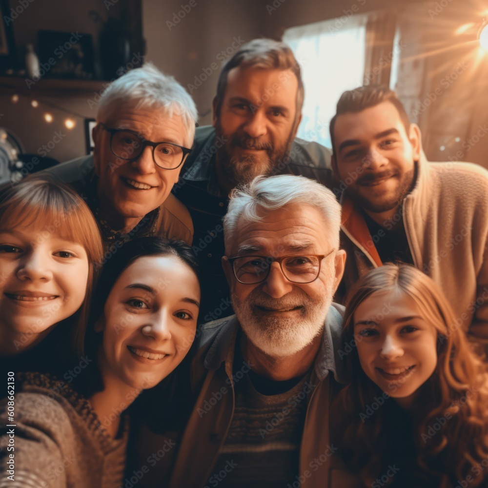 Portrait of happy caucasian family embracing at home, created using generative ai technology Portrait of happy caucasian family embracing at home, created using generative ai technology