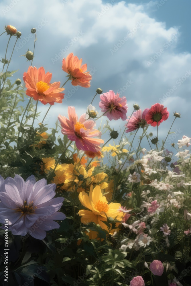 Obraz premium Colourful spring flowers at field over blue sky and clouds, created using generative ai technology