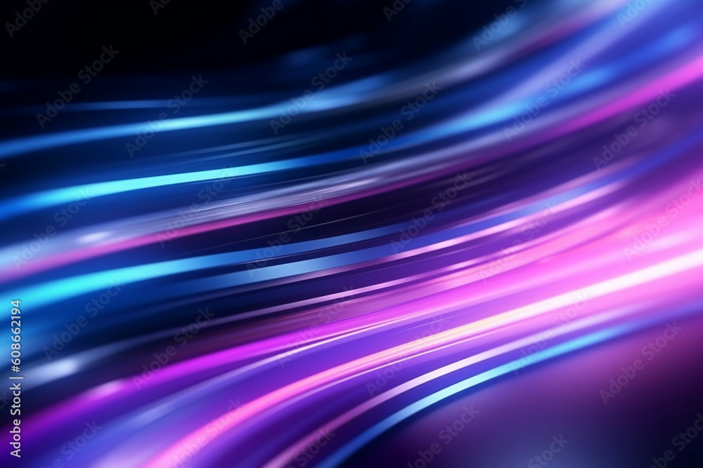 Abstract futuristic background with pink blue glowing neon moving wave lines. Generative AI