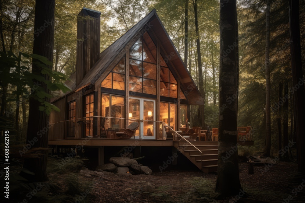 Wooden cabin in forest with lit windows, created using generative ai technology Wooden cabin in forest with lit windows, created using generative ai technology