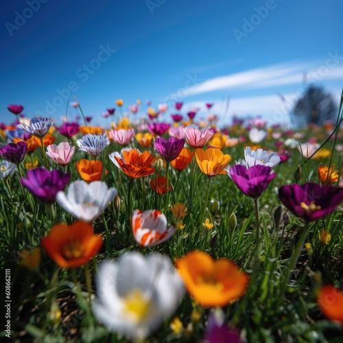 Colourful spring flowers at field over blue sky  created using generative ai technology