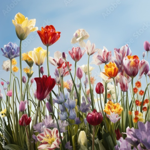 Colourful spring flowers at field over blue sky, created using generative ai technology © Future Vision