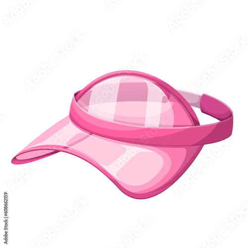 Pink visor cap vector illustration. Cartoon isolated plastic clear golf or tennis hat for woman, cute summer beach clothing for sun protection of women face, transparent urban cap and casual accessory