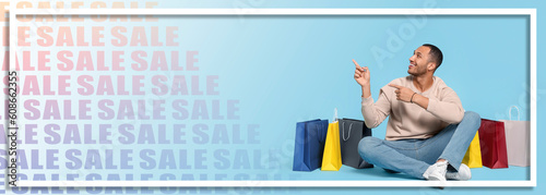 Sale banner or flyer design. Happy man with shopping bags on light blue gradient background, space for text