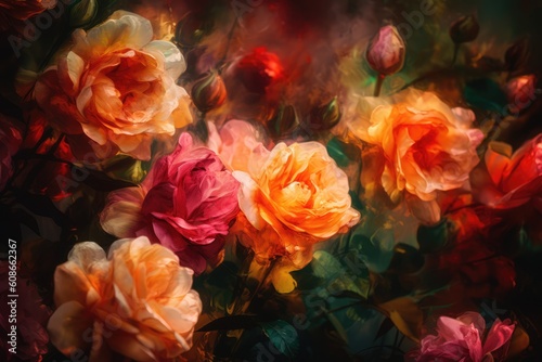 Close up of multi coloured roses background, created using generative ai technology
