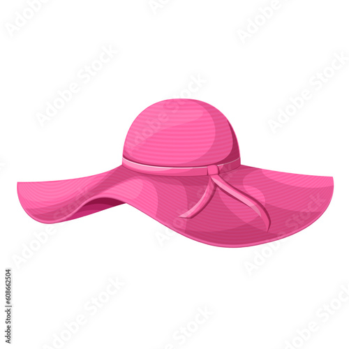 Summer beach hat for woman vector illustration. Cartoon isolated big pink straw hat of girl with wide soft brim and ribbon, elegant fashion retro accessory and headwear of pretty lady in vacation