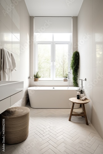 Modern bathroom with window and white tiling, created using generative ai technology © Future Vision