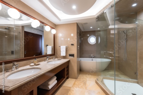 Modern bathroom in pale grey marble with shower wet room  created using generative ai technology