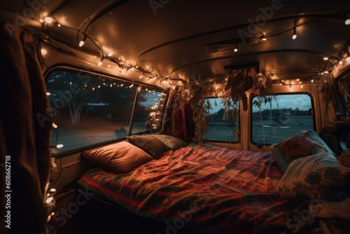 Camper van decorated with strings of fairy lights, created using generative ai technology