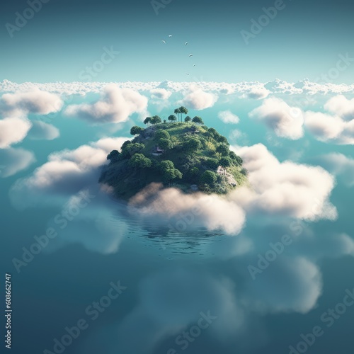 Island in the sky with greenery surrounded by clouds, created using generative ai technology