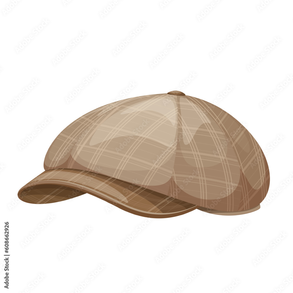 Flat cap vector illustration. Cartoon isolated retro newsboy or paperboy  tweed hat with visor and button on top, vintage fashion clothing for head  of Irish or English gentleman, classic detectives cap Stock