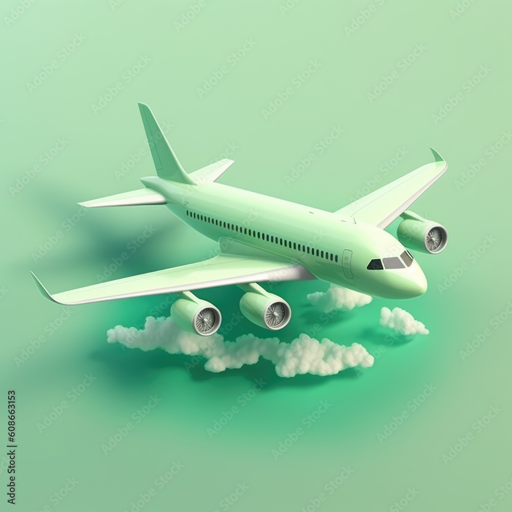 Passenger jet plane and clouds on pale green background, created using generative ai technology Passenger jet plane and clouds on pale green background, created using generative ai technology