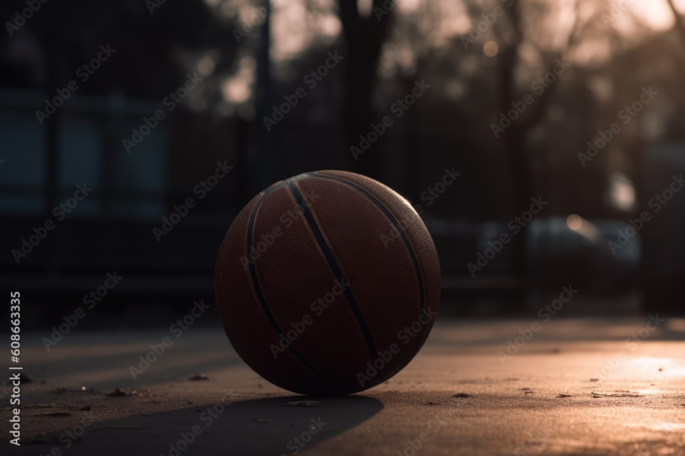 Basketball in basketball court with window, created using generative ai technology