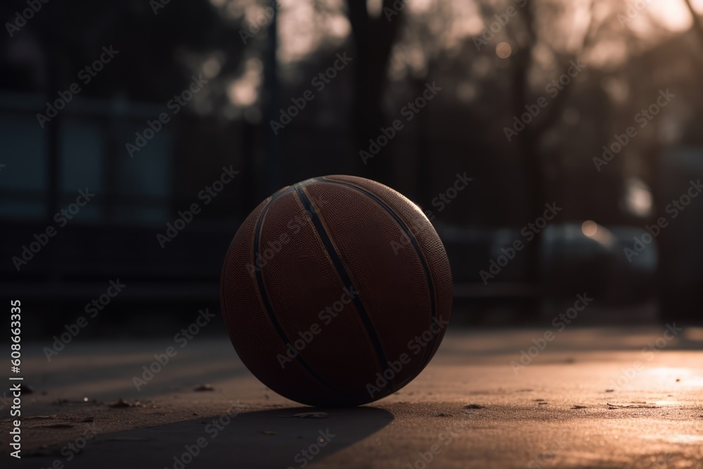 Basketball in basketball court with window, created using generative ai technology Basketball in basketball court with window, created using generative ai technology
