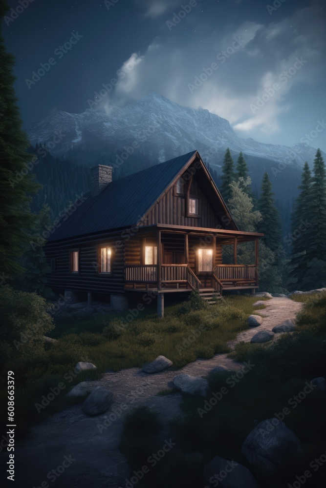 Wooden cabin in mountain landscape, created using generative ai technology